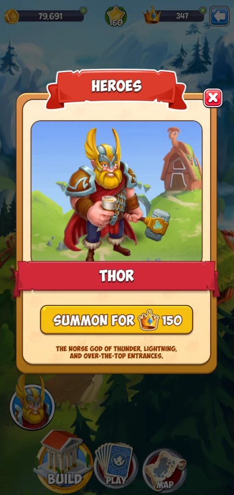 King of Destiny: Heroes pop-up showing Thor with a summon button