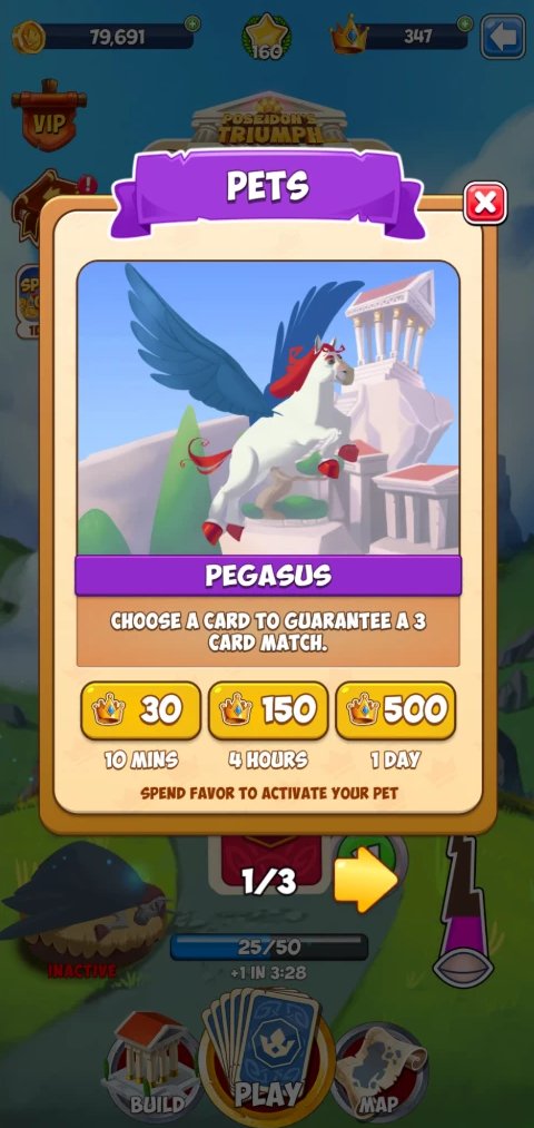 King of Destiny: Pets pop-up showing Pegasus with activation costs