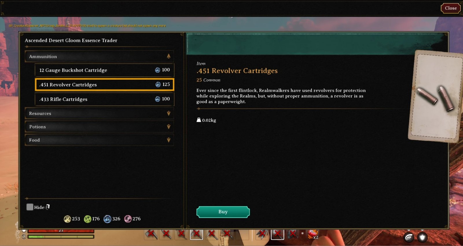 Nightingale Essence Shop: an ammunition list with item details and a Buy button