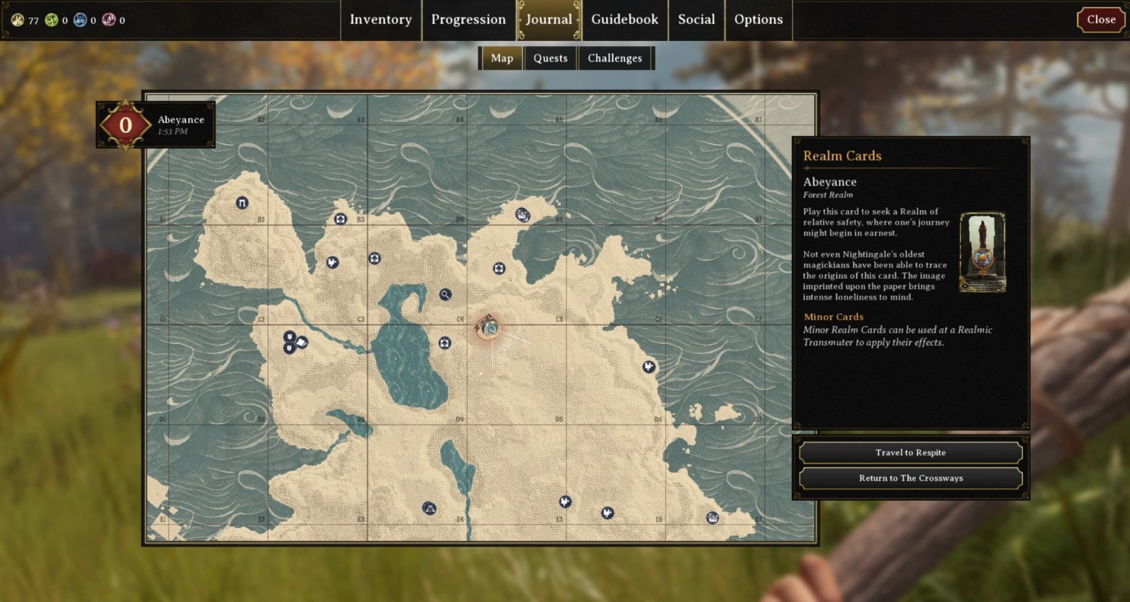 Nightingale Player Map: a hand-drawn style world map with pins and a Realm Cards panel