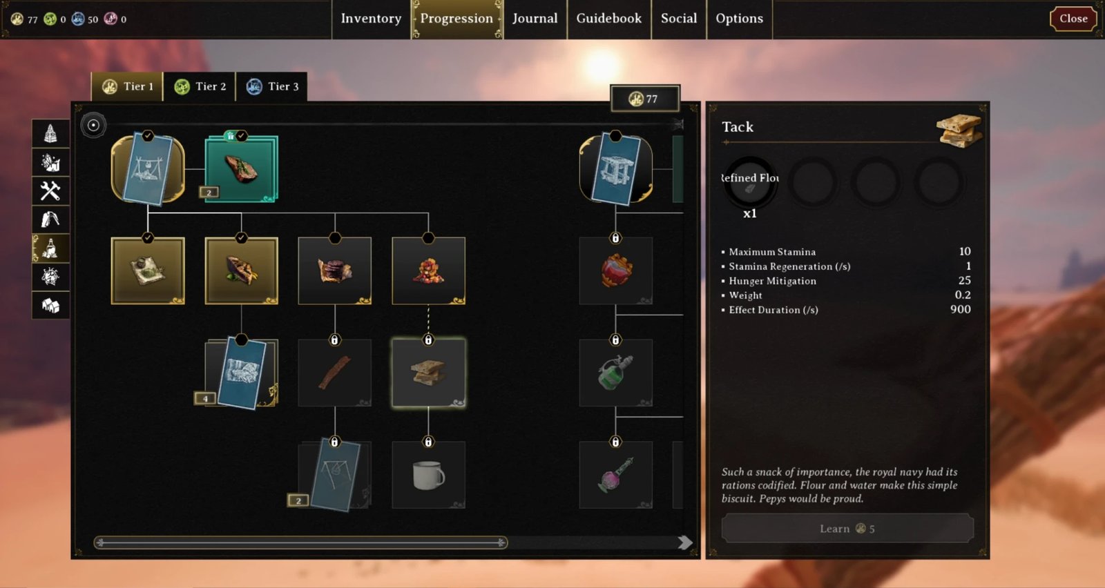 Nightingale Progression menu: a tiered item tree with a detail panel